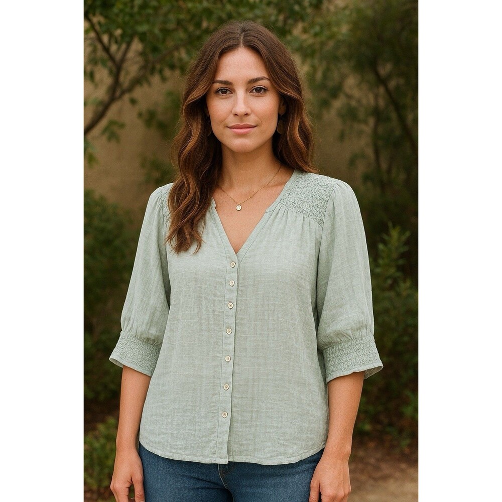 SUNDANCE Blue Boho Blouse Puff Smocked Sleeve Gauzy Shirt Size Small Boxy Top